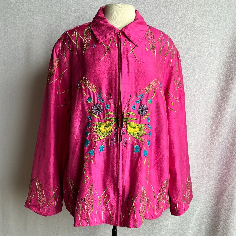 Vintage Pink Silk Beaded Embroidered Butterfly Jacket 2X